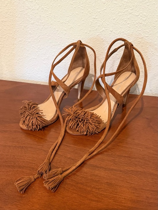 Gianni Bini Shoes - Gianni Bini Tan Suede Lace-Up Pom Pom Heels